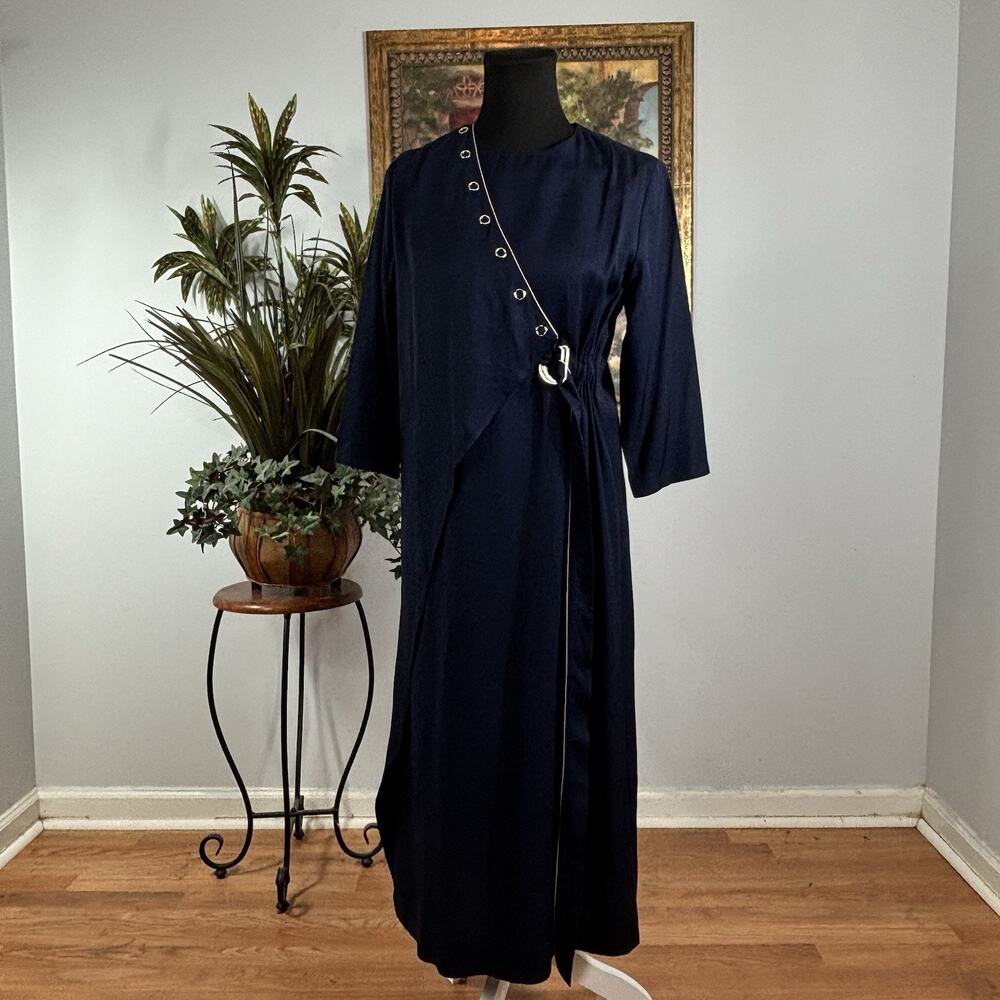 Dimanche Women Faux Wrap Dress Navy Blue‎ 1/2 Sleeve SM Lined Whimsigoth Grunge